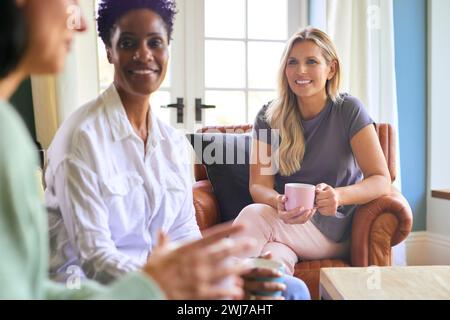 Three Mature Female Friends In Lounge At Home Meeting For A Chat And Hot Drink Stock Photo