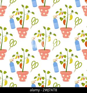 seamless; pattern; gardening; inventory; planting; design; wrapping paper; fabric; tool; plant; seed; pot; illustration; vector; background; shovel; r Stock Vector