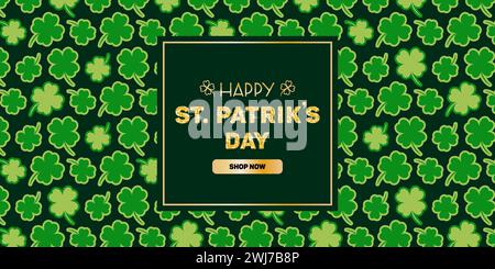 Happy St. Patricks Day horizontal banner. Four leaf clover. Symbol of good luck. Magic, religious traditions, glitter lettering. For banner, website, Stock Vector
