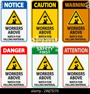 Danger Sign, Workers Above Watch For Falling Material Stock Vector