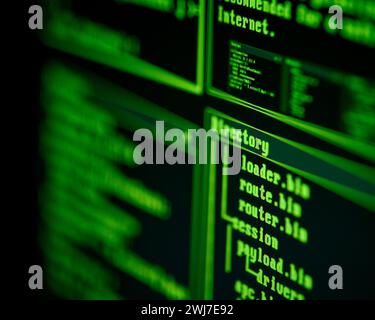 Close Up Of Code Data On Computer Screen For Bitcoin Cryptocurrency Trading Or Hacking Stock Photo