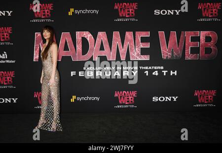 Los Angeles, California, USA. 12th Feb, 2024. Dakota Johnson attends the World Premiere of Sony Pictures' 'Madame Web' at Regency Village Theatre on February 12, 2024 in Los Angeles, California. Credit: Jeffrey Mayer/Media Punch/Alamy Live News Stock Photo