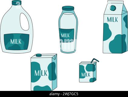 set of different package of dairy products, milk in boxes and bottles, container icons Stock Vector