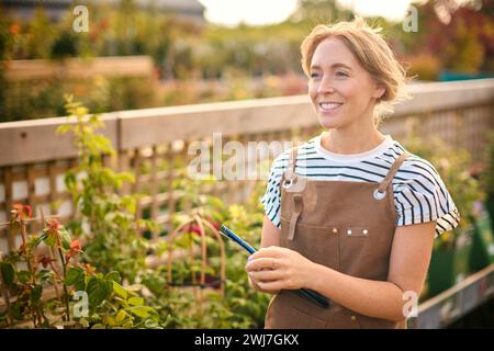 Woman Working Outdoors In Garden Centre Using Digital Tablet Stock Photo