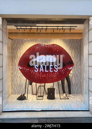 Cremona, Italy - February 10th 2024. display of a fashion shop in sale period in winter time Stock Photo