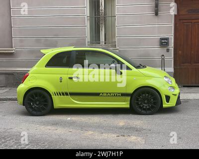 Cremona, Italy - February 12nd 2024 green fiat 595 competizione tuned abarth parked in the street Stock Photo