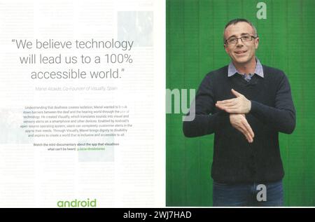 2018 Android Visualfy app for deaf people translating sound into visuals print ad with Manel Alcaide, visualfy co-founder from Spain Stock Photo