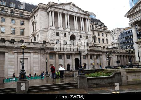 London, UK. 13th Feb, 2024. The Bank of England in the City of London. Tomorrow, February 14th, the Office for National Statistics will publish the latest inflation figures at 7am. This may lead the Bank of England to adjust the Interest rate which is currently at 5.25%. The target is 2%. Credit: Karl Black/Alamy Live News Stock Photo