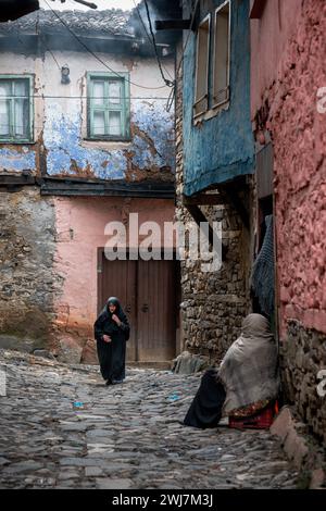 Timeless Paths: The Enduring Bond of Elders in Cumalıkızık's Colorful Alleys Stock Photo