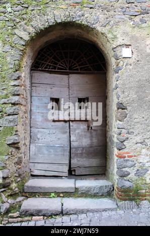 weathered wooden door that appears to have eyes and a mouth, set within a stone archway, stands under a serene blue sky; a lone tree graces its base Stock Photo