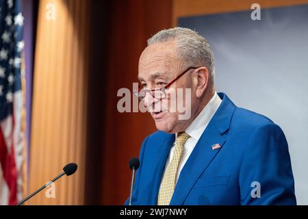 Washington, United States. 13th Feb, 2024. United States Senate Majority Leader Chuck Schumer (Democrat of New York) holds a press conference in the Capitol on Tuesday, February 13, 2024. The press conference followed a vote that passed a $95 billion emergency defense spending bill in the Senate, including $60 billion for Ukraine, after a conservative filibuster ran into the early morning, finishing around 5 AM. Washington, DC, USA. Photo by Annabelle Gordon/CNP/ABACAPRESS.COM Credit: Abaca Press/Alamy Live News Stock Photo