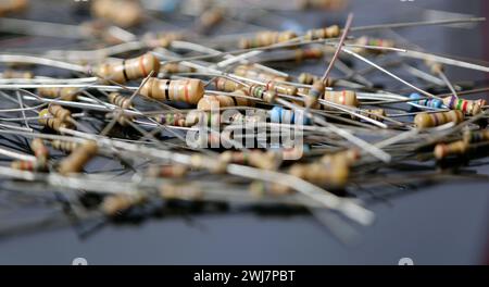 Electrical resistances, passive electric circuit elements. Electronic industry concept header. Selected focus. Stock Photo