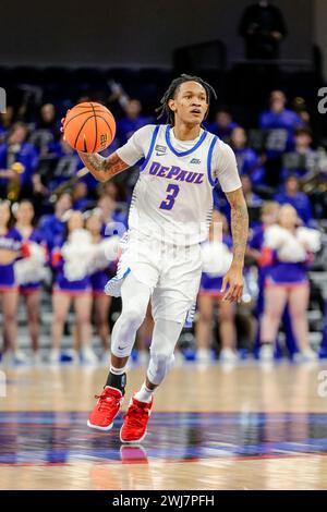 Jalen Terry #3 Guard from the DePaul Blue Demons dribbling in Chicago, IL at Wintrust Arena. Stock Photo