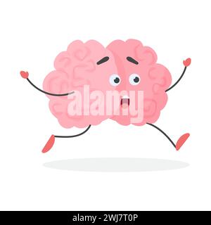 Cute human brain character running, funny mascot in shock from surprise vector illustration Stock Vector