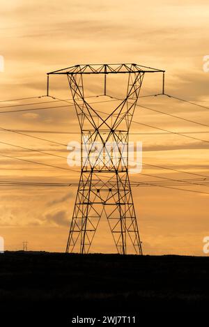 High voltage transmission lines and tower in Eastern Oregon. Stock Photo