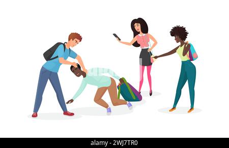 Aggressive angry student punching unhappy teenager among crowd of unfriendly characters vector illustration Stock Vector