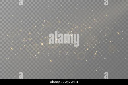 Gold glitter. Christmas shining dust. Magic golden sparks and light. Bright stars with particles. Shiny firework with bokeh effect. Stardust decoratio Stock Vector