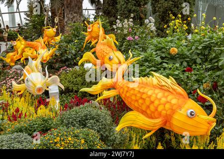 Chinese New Year decorations in the Flower Dome at Gardens by the Bay, Singapore. Stock Photo