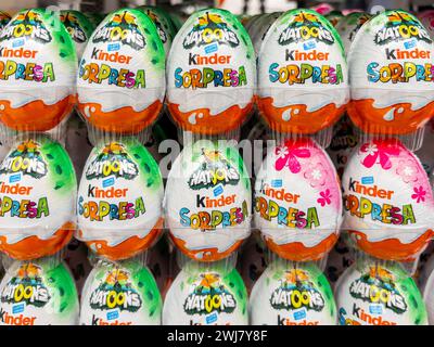 Italy - February 13, 2024: Kinder Chocolate Eggs Surprise NATOONS jungle animals forest, Easter Egg 20gr with milk chocolate displayed for sale in Ita Stock Photo
