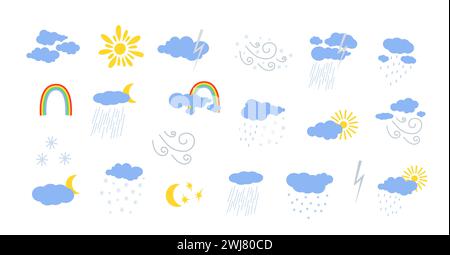 Weather icons set sun, wind, rain, fog, clouds cute hand drawn doodle minimalist vector illustration, simple symbol to describe weather, environment, climate cartoon object, weather forecast image Stock Vector