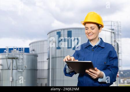 Female engineer with tablet computer on a background of Hydrogen factory. Stock Photo