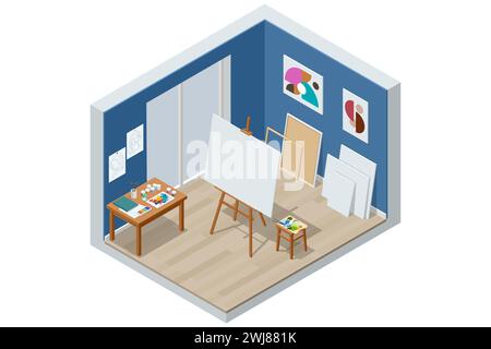Isometric Painting, Drawing and Artwork Concept. Painting Tools Elements. Artistic Equipment: Easel, Paint Brushes, Tubes of Paint, Palette and Stock Vector