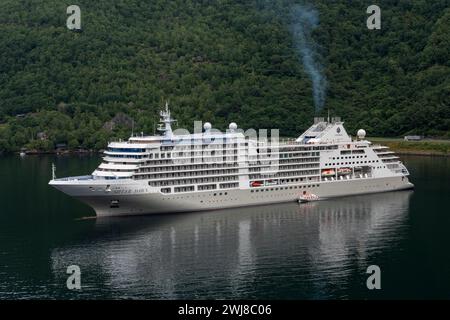 The Silversea 'Silver Dawn' cruise ship moored in Aurlandsfjord, Flåm, Norway. Stock Photo