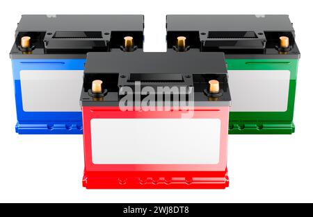 Car batteries with blank labels, 3D rendering isolated on white background Stock Photo