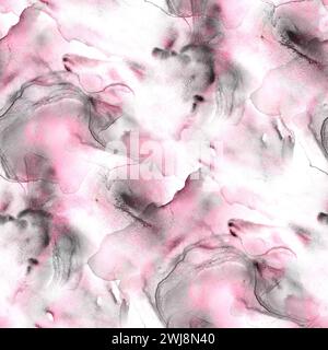 Abstract watercolor liquid stain luxury background. Hand drawn pink and grey fluid stains, splashes elements seamless pattern. Watercolour texture. Pr Stock Photo