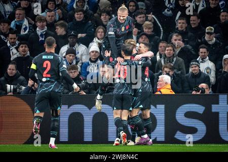 Manchester City's Kevin De Bruyne after scoring to make it 0-1 in connection with FC Copenhagen meeting Manchester City in the UEFA Champions League Round of 16 1st leg at Parken, Copenhagen, Tuesday, February 13, 2024.. (Photo: Mads Claus Rasmussen/Ritzau Scanpix) Stock Photo