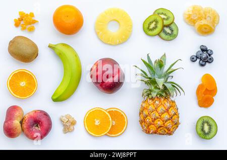 Assortment of various colorful fruits on white background Stock Photo
