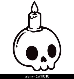 Cartoon skull drawing with candle. Hand drawn Halloween doodle icon, Day of the Dead decoration. Black and white line art vector illustration. Stock Vector