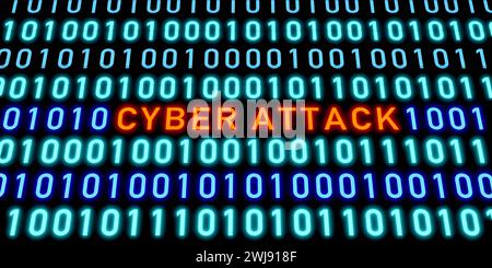 Binary code, cyber attack computer system. Cyber attack, binary code, zero and one, computer system. Cyber ttack warning sign on screen. System messag Stock Photo