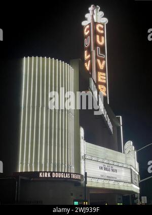 Kirk Douglas, Theater, neon, sign, night, Culver City, Lops Angeles, California, USA Stock Photo