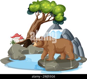 Illustration of a bear near a small waterfall Stock Vector