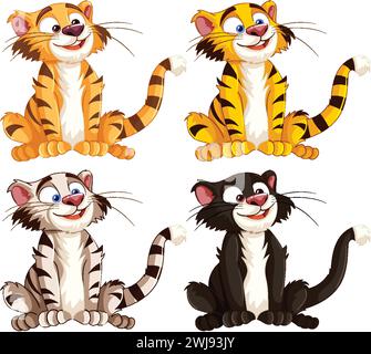 Four animated cats with distinct playful expressions. Stock Vector