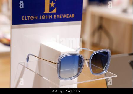 New York, United States. 13th Feb, 2024. Brand Elton John Eyewear and other merchandise is on sale near the entrance to The Collection of Sir Elton John Goodbye Peachtree Road auction items at Christie's in New York City on Tuesday, February 13, 2024. Photo by John Angelillo/UPI Credit: UPI/Alamy Live News Stock Photo