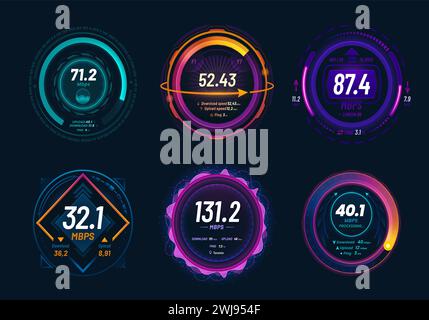 Internet speed test and 5G speedometer dashboard, futuristic digital neon dials, vector gauge. Internet traffic fast test meter of digital network and website connection for download or upload Mbps Stock Vector