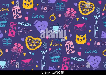 Valentines Day romantic elements seamless pattern. Doodle repeating texture hand drawn love design for fabric textile, wrapper backdrop. Cute abstract drawings trendy boundless print background Stock Vector