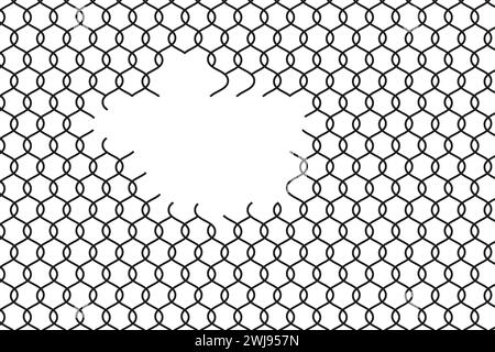 Broken wire mesh fence. Torn wire pirson mesh texture. Rabitz or chain link fence with cut hole. Vector illustration. EPS 10. Stock Vector
