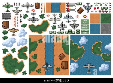 8bit pixel arcade game of fight plane, 2D top view of flight bomber and fighter plane, vector elements. Air flight landscape environment, health and life symbols for air combat game in 8 bit pixels Stock Vector