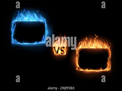 VS versus fire and gas frames for fight battle competition, vector background. Boxing game or MMA sport match challenge VS versus banner frames for fight battle, blue and yellow burning fire flames Stock Vector