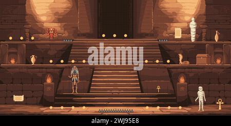 Ancient Egypt temple or pyramid 8bit pixel art arcade game level map, vector background. Scarab, mummy and cobra snake, golden coins and manuscripts with pharaoh treasure for 8 bit arcade video game Stock Vector