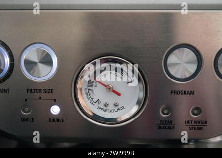 pressure gauge on a silver espresso maker Stock Photo