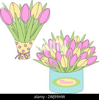 2 tulips bouquets in wrapping paper and box with pink and yellow flowers. Greetings design concept. Isolate. EPS. Sticker. Icon. Vector for cards, poster, banner, brochures, billboards or web, label Stock Vector