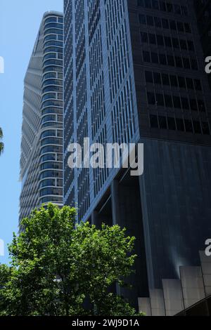 Governor Phillip Tower and the facade of AMP, Quay Quarter Tower, in a Neo Functionalist style in homage the inter war office building Booth House. Stock Photo