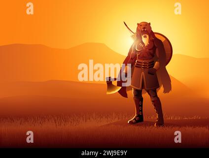 Viking berserker wearing bear skin holding an axe on beautiful landscape, vector illustration Stock Vector