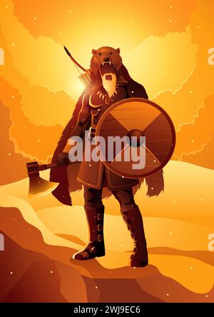 Viking berserker wearing bear skin holding an axe and a shield on snowy hills, vector illustration Stock Vector
