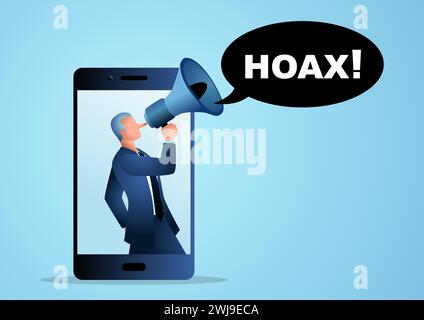 Male figure with long nose comes out from cellphone using megaphone to spread hoaxes, influencer, key opinion leaders, vector illustration Stock Vector