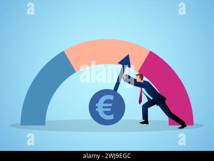 Business concept illustration of a businessman attempting to slowdown the rate of inflation, vector illustration Stock Vector